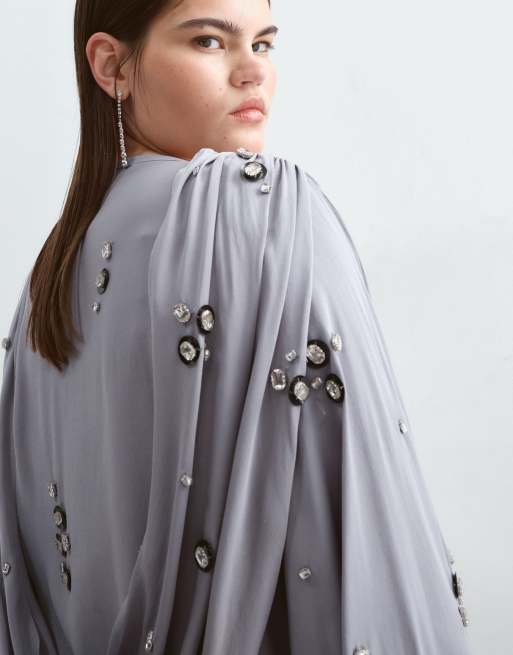 ARRANGE Curve robe longue drapée à manches longues ornée de cristaux, bleu grisé, 3 de 5