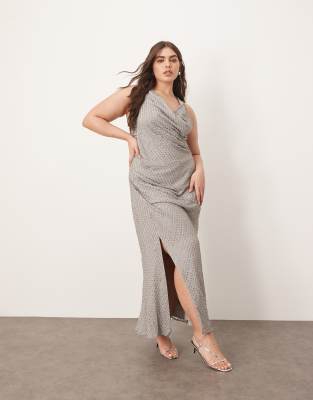 Curve - Robe longue drapée à ornements strass avec détail torsadé - Gris argenté 48