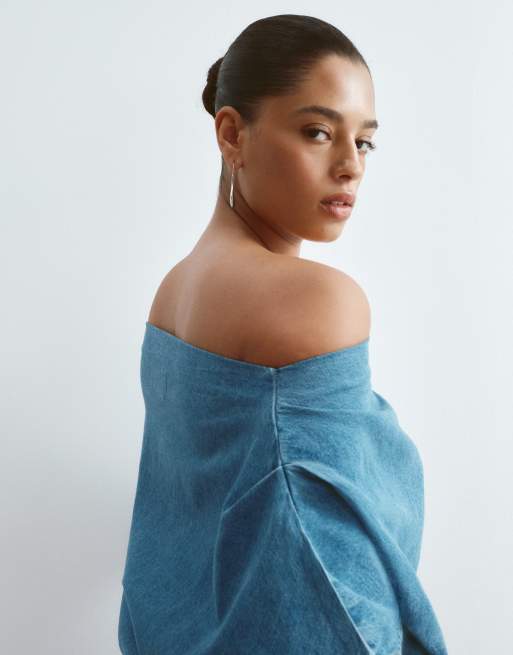 ARRANGE Curve - Robe longue effet drapé en jean - Bleu moyen délavé, 2 de 4