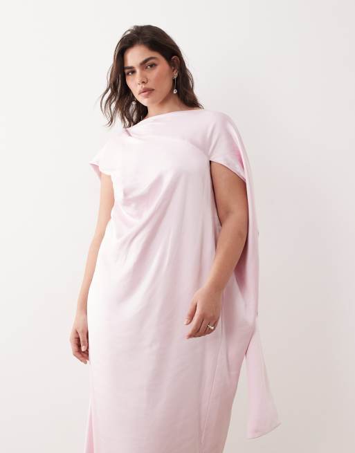 ARRANGE Curve - Robe longue en satin à col bénitier et foulard drapé - Rose clair, 3 de 4