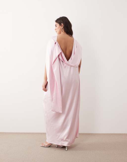 ARRANGE Curve - Robe longue en satin à col bénitier et foulard drapé - Rose clair, 4 de 4