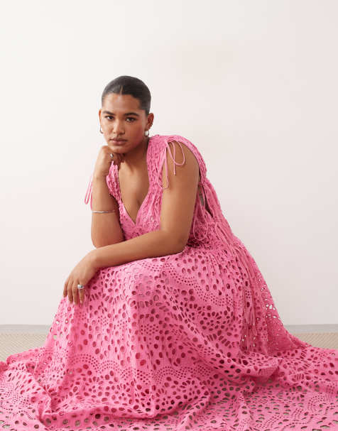 ARRANGE Curve - Robe longue et évasée en broderie anglaise avec cordon de serrage - Rose vif - view 1