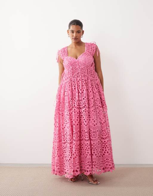 ARRANGE Curve - Robe longue et évasée en broderie anglaise avec cordon de serrage - Rose vif, 2 de 4