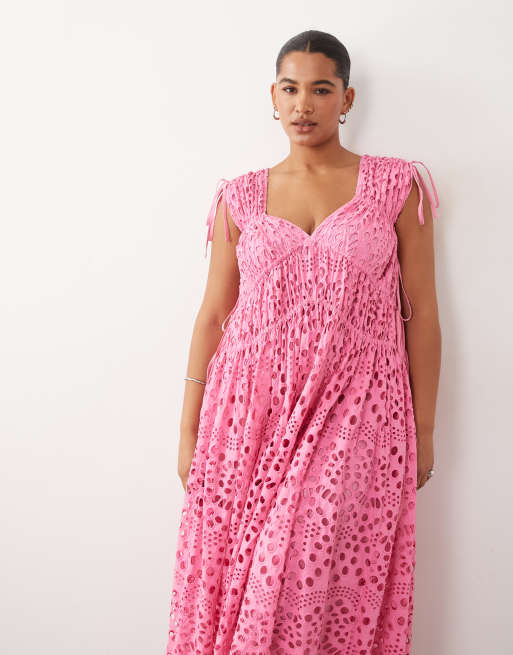 ARRANGE Curve - Robe longue et évasée en broderie anglaise avec cordon de serrage - Rose vif, 3 de 4