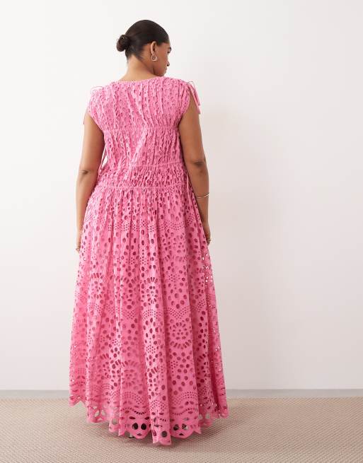 ARRANGE Curve - Robe longue et évasée en broderie anglaise avec cordon de serrage - Rose vif, 4 de 4