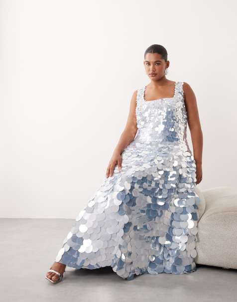 ARRANGE Curve - Robe mi-longue ornée de gros sequins avec encolure carrée et jupe évasée - Bleu glacier - view 1