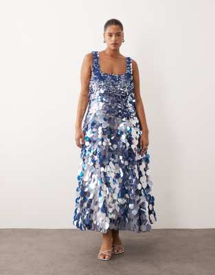 ARRANGE Curve - Robe mi-longue ornée de gros sequins avec encolure carrée et jupe évasée - Bleu