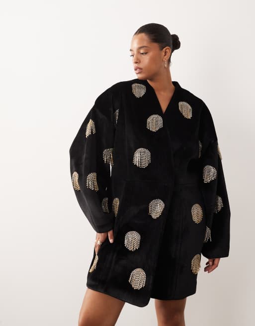 ARRANGE Curve - Robe portefeuille courte en velours à pois ornementés - Noir, 2 de 4