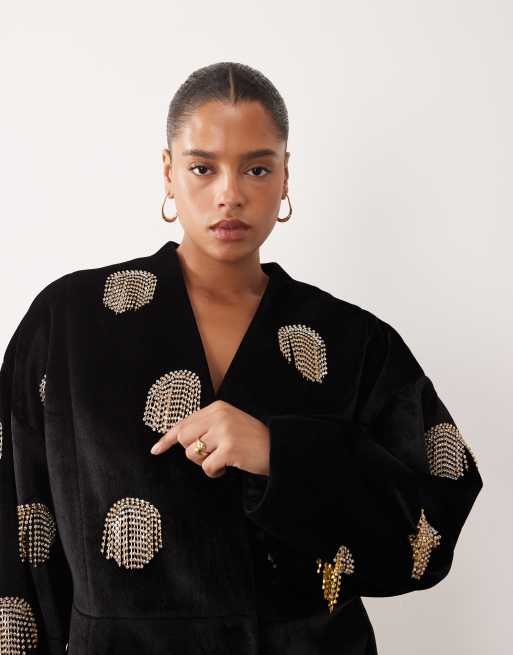 ARRANGE Curve - Robe portefeuille courte en velours à pois ornementés - Noir, 4 de 4