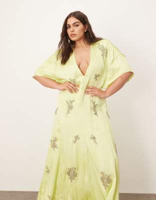 ARRANGE Curve - Robe style années 30 avec fleurs ornementées - Citron vert