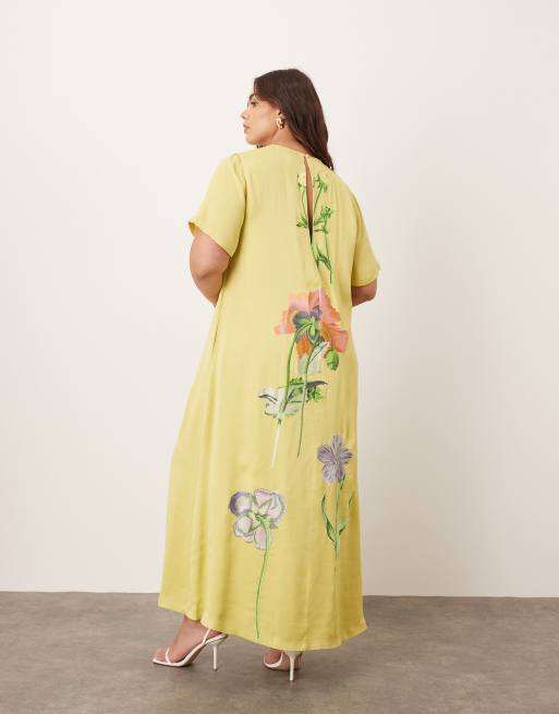ARRANGE Curve - Robe t-shirt longue en satin à broderies florales - Citron vert, 3 de 4