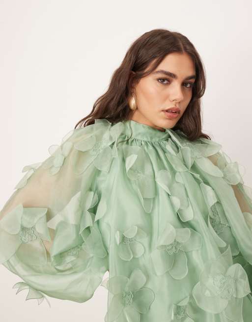 ARRANGE Curve - Robe trapèze courte en organza avec col montant et appliqués fleuris - Vert clair, 3 de 4