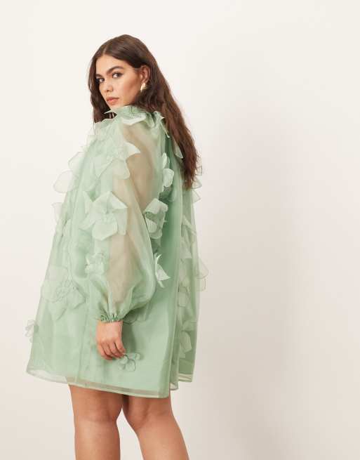 ARRANGE Curve - Robe trapèze courte en organza avec col montant et appliqués fleuris - Vert clair, 4 de 4