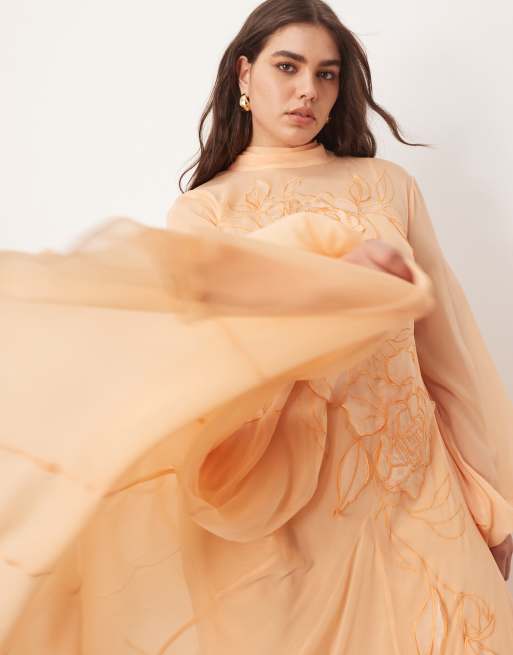 ARRANGE Curve - Robe trapèze longue à appliqués fleurs avec manches blousantes et col noué - Abricot, 2 de 4