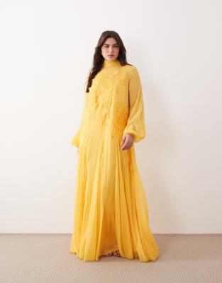 Curve - Robe trapèze longue à appliqués fleurs avec manches blousantes et col noué - Jaune souci-Orange 50