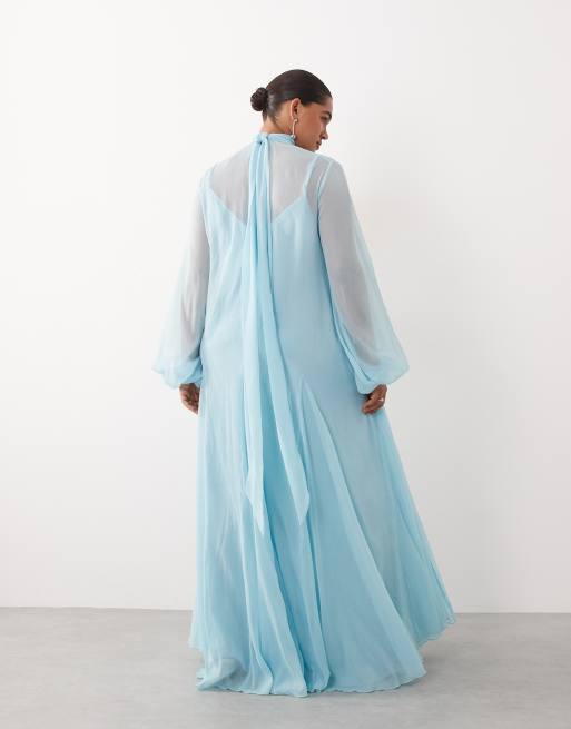 ARRANGE Curve - Robe trapèze longue à appliqués fleurs avec manches bouffantes et col noué - Bleu, 4 de 4