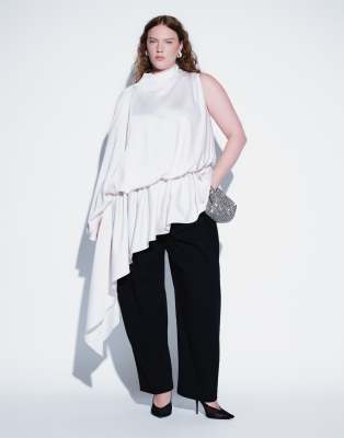 Arrange Curve Satin Asymmetric Tiered Longline Top In White