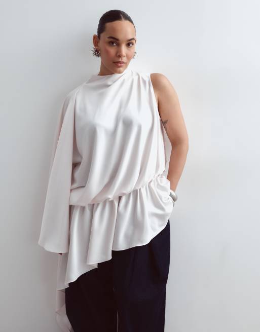 ARRANGE Curve satin asymmetric tiered longline top in pearl, 2 of 4