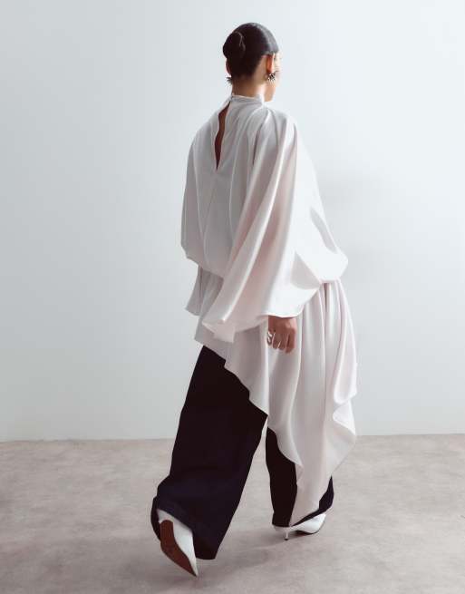 ARRANGE Curve satin asymmetric tiered longline top in pearl, 3 of 4