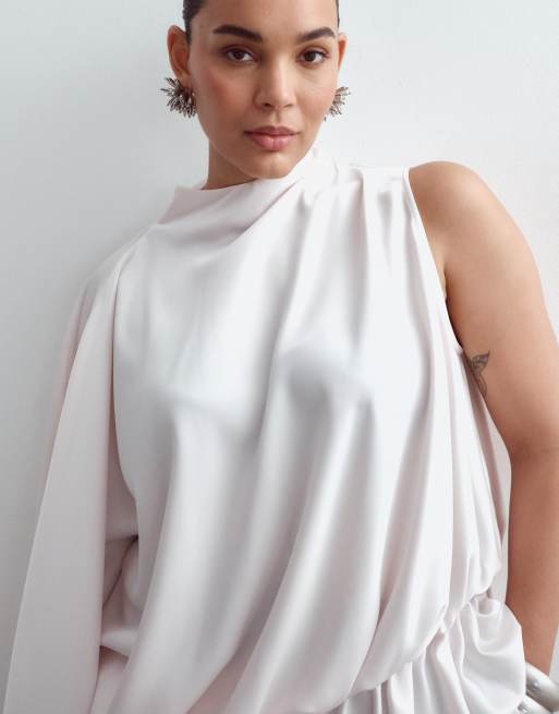 ARRANGE Curve satin asymmetric tiered longline top in pearl, 4 of 4