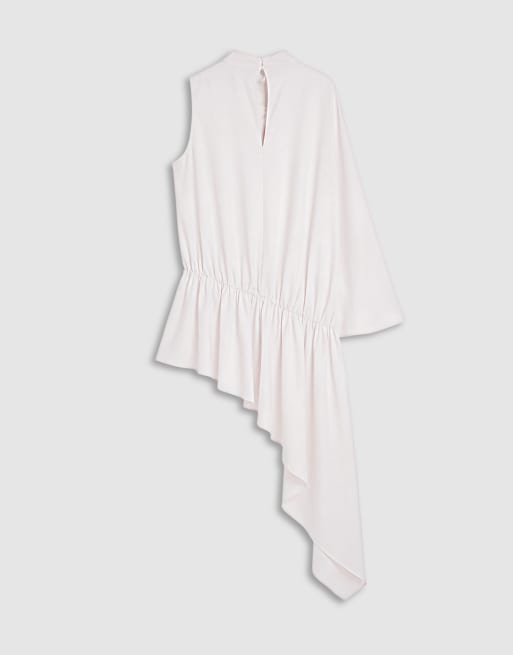 ARRANGE Curve satin asymmetric tiered longline top in pearl, 6 of 8