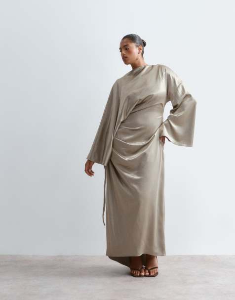 ARRANGE Curve satin drape long sleeve maxi dress in gold - view 1