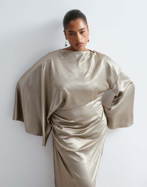 ARRANGE Curve satin drape long sleeve maxi dress in gold, 2 of 4