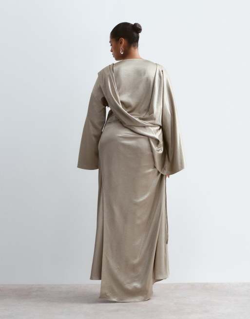 ARRANGE Curve satin drape long sleeve maxi dress in gold, 4 of 4