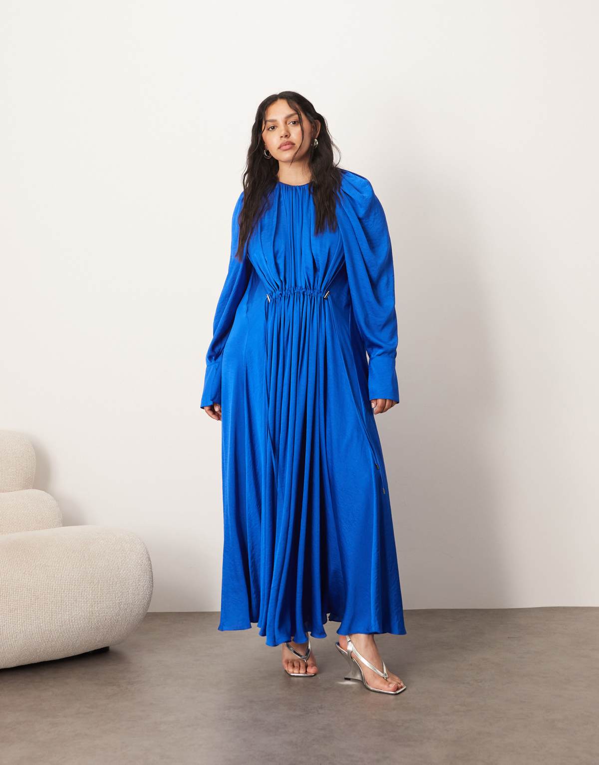 ARRANGE Curve satin drape maxi dress in cobalt blue