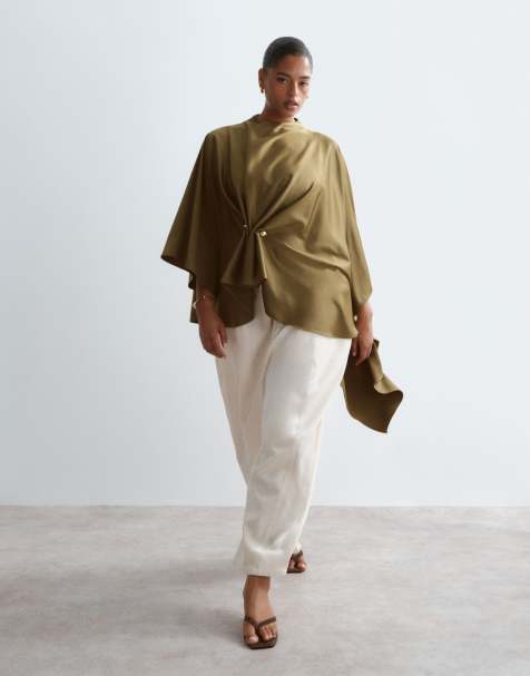 ARRANGE Curve satin drape top with hardware detail in olive - view 1