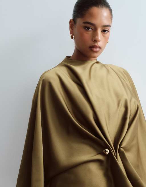 ARRANGE Curve satin drape top with hardware detail in olive, 3 of 4