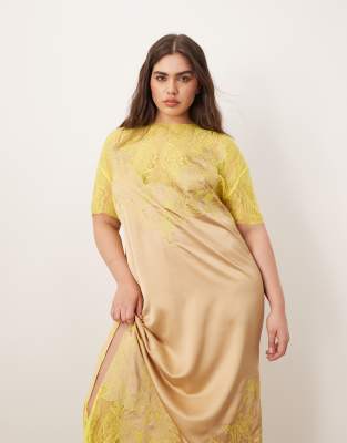 Arrange Curve Satin Embroidered Lace Applique Column Midi Dress