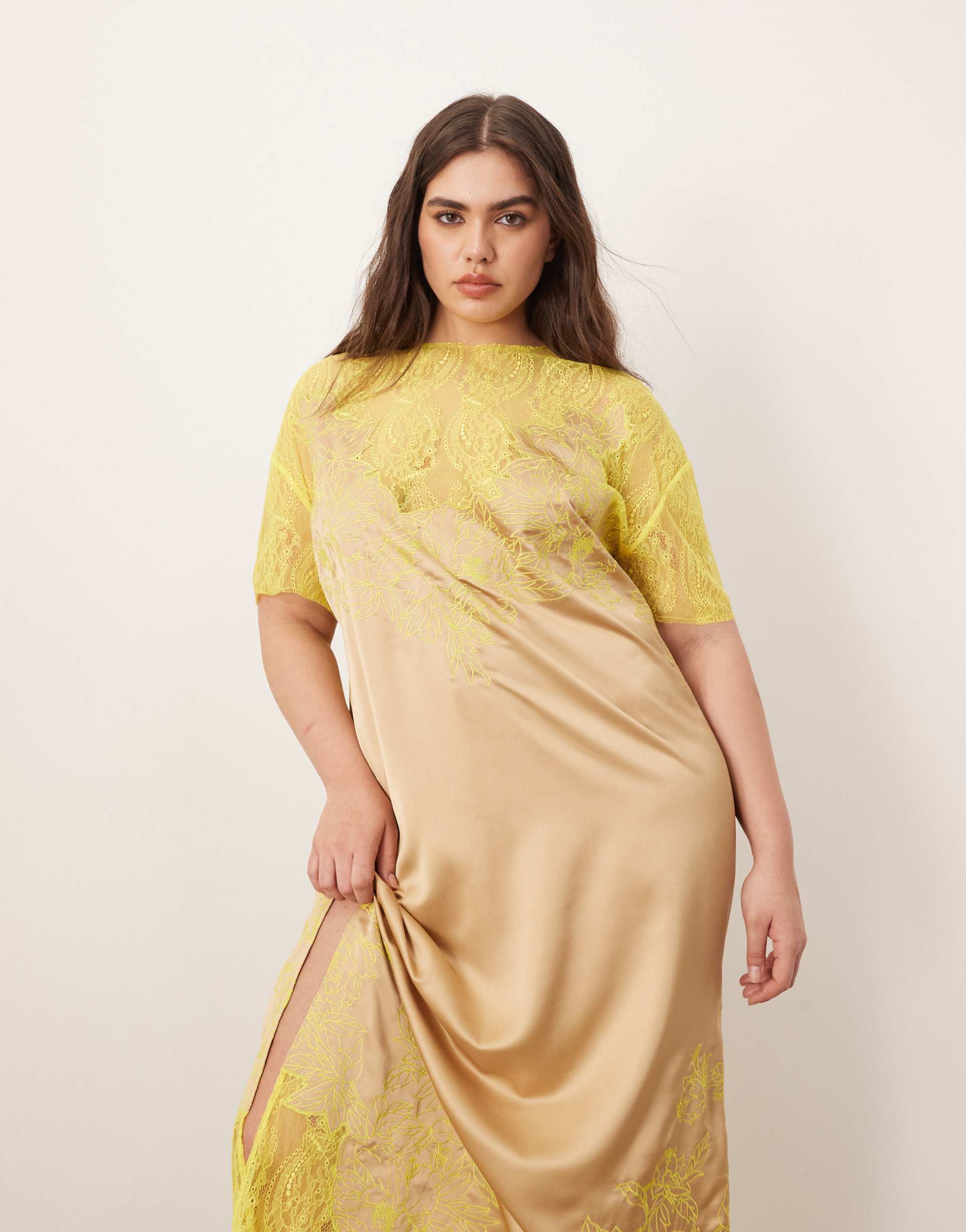 arrange curve satin embroidered lace applique column midi dress in taupe and lime