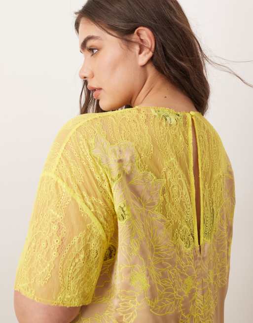 ARRANGE Curve satin embroidered lace applique column midi dress in taupe and lime, 2 of 4