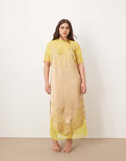 ARRANGE Curve satin embroidered lace applique column midi dress in taupe and lime, 4 of 4