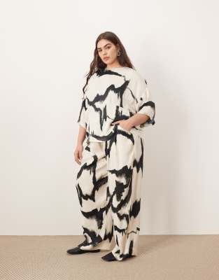 ARRANGE Curve - Satin-Hose in Schwarz-Weiß mit geradem Bein und abstraktem Print, Kombiteil-Bunt