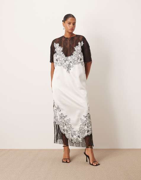 ARRANGE Curve satin lace applique embroidered column midi dress in ivory