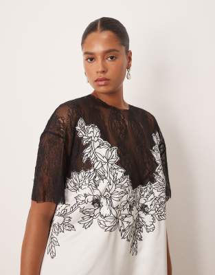 Arrange Curve Satin Lace Applique Embroidered Column Midi Dress In White