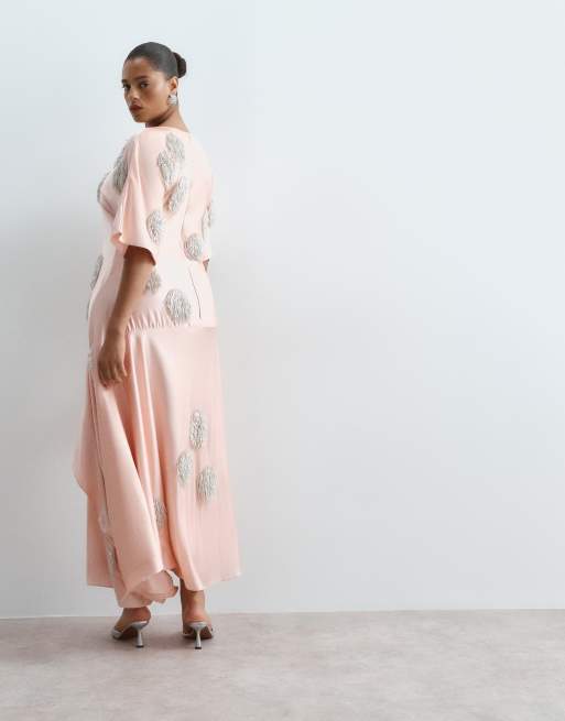 ARRANGE Curve satin maxi dress with embellished spot in peach, 3 of 4