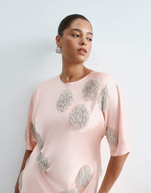 ARRANGE Curve satin maxi dress with embellished spot in peach, 4 of 4