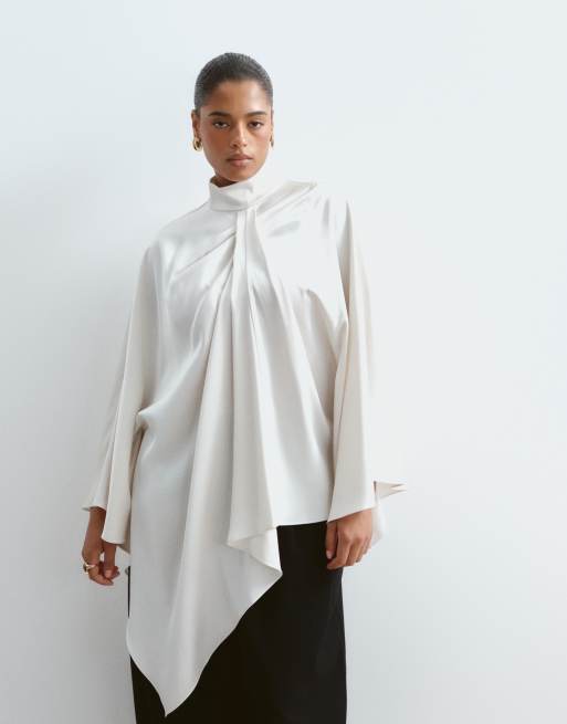 ARRANGE Curve satin overlayer cape top in oyster, 2 of 4