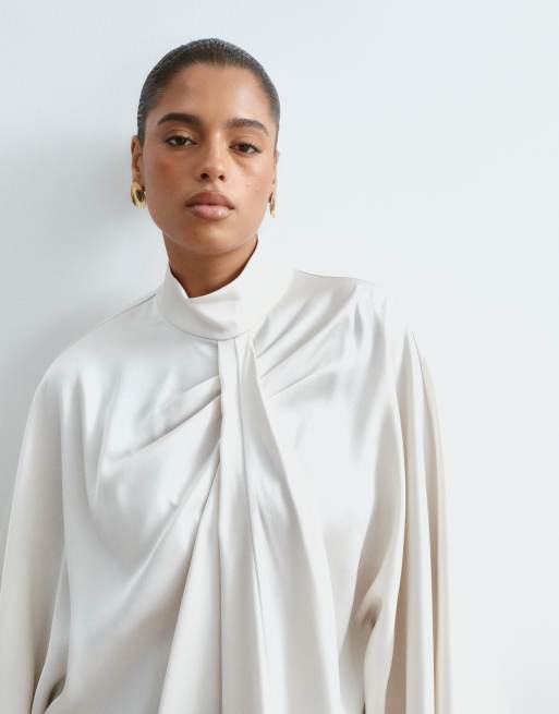 ARRANGE Curve satin overlayer cape top in oyster, 3 of 4