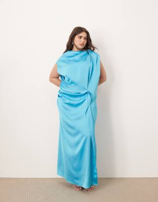 Arrange Curve Satin Side Drape Off Shoulder Maxi Dress In Blue