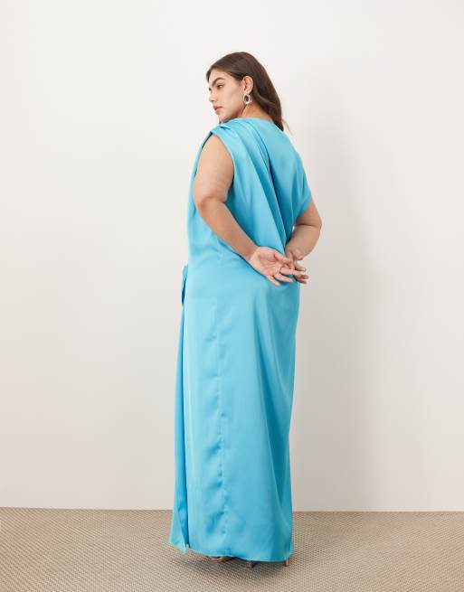 ARRANGE Curve satin side drape off shoulder maxi dress in bright blue, 3 of 4