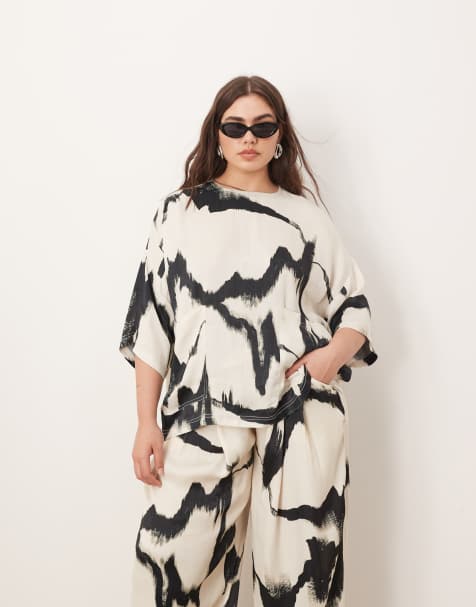 ARRANGE Curve satin oversized t-shirt co-ord in mono abstract print 