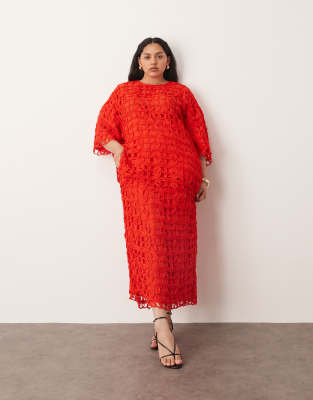 ARRANGE Curve - Säulen-Midirock in Rot mit floralem Cutwork, Kombiteil
