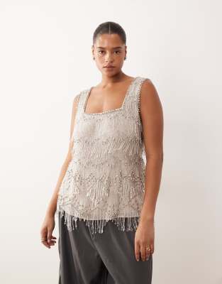 Arrange Curve Scallop Beaded Fringe Square Neck Top In Silver