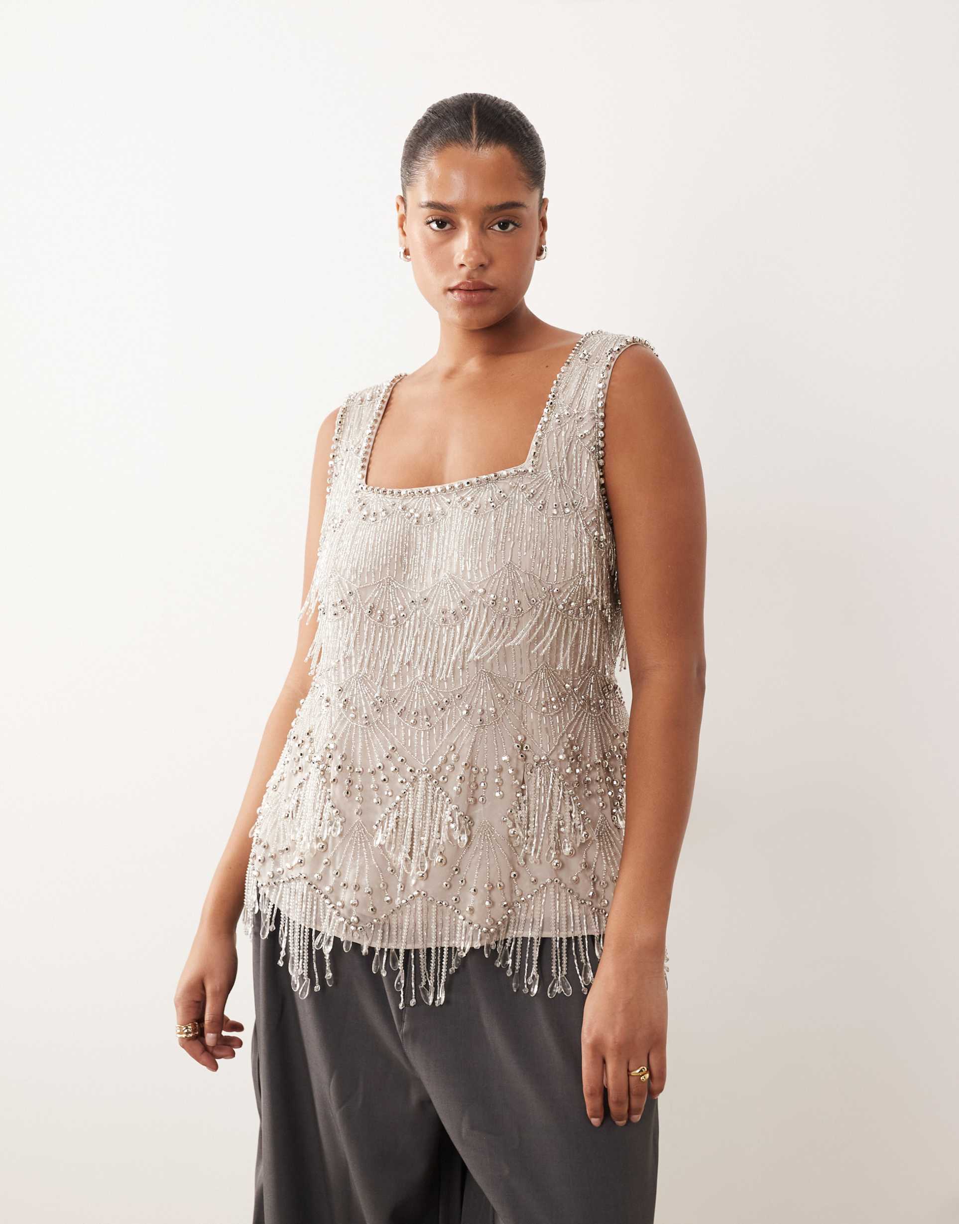 arrange curve scallop beaded fringe square neck top in silver