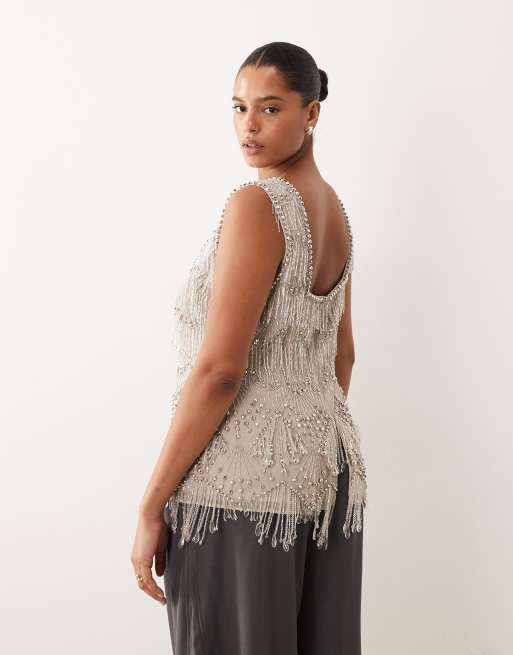 ARRANGE Curve scallop beaded fringe square neck top in silver, 3 of 4
