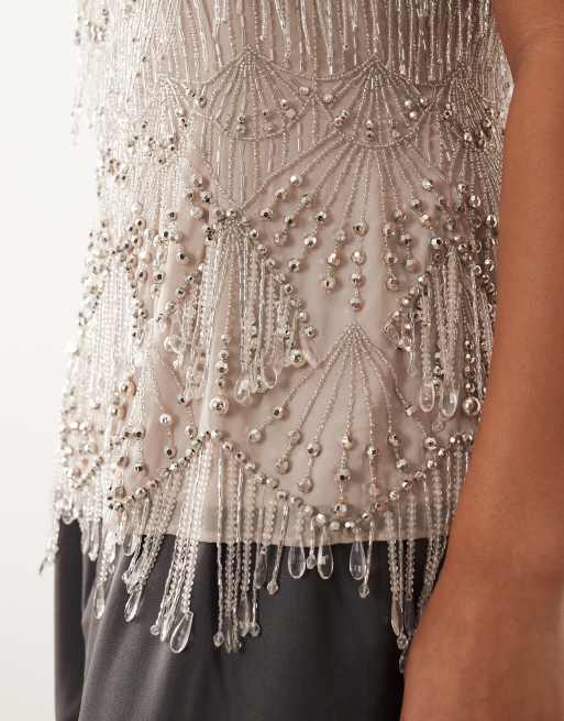 ARRANGE Curve scallop beaded fringe square neck top in silver, 4 of 4